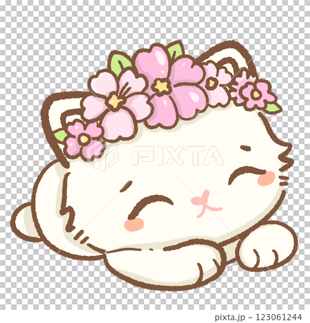 kawaii white cat is laying down wearing sakura crown Hand drawn illustration cherry blossoms Sakura pastel color isolated on transparent background,  nursery decorations, spring 123061244