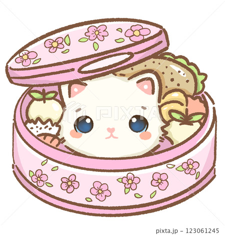 kawaii white cat is in a japanese bento box Hand drawn illustration cherry blossoms Sakura pastel color isolated on transparent background, nursery decorations, spring kawaii white cat is in a japanese bento box Hand drawn illustration cherry blossoms Sakura pastel color isolated on transparent background, nursery decorations, spring 123061245