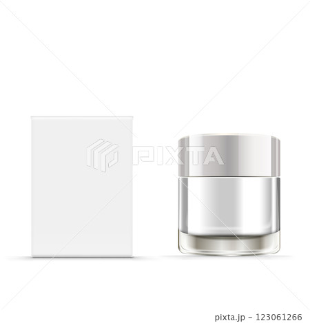 Blank Cosmetic Glass Jar with Silver Lid and Box Mockup. Vector 123061266