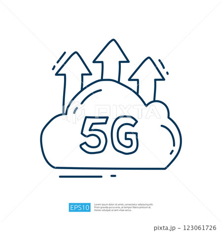 A simple illustration of a cloud with "5G" written on it, accompanied by upward arrows, symbolizing advanced telecommunications technology. A simple illustration of a cloud with "5G" written on it, accompanied by upward arrows, symbolizing advanced telecommunications technology. 123061726