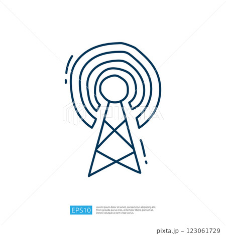 A simple line drawing of a radio tower emitting signal waves, representing communication technology. A simple line drawing of a radio tower emitting signal waves, representing communication technology. 123061729