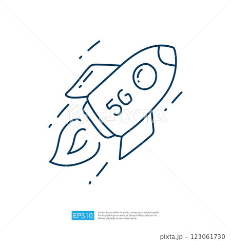 A simple line drawing of a rocket labeled "5G," illustrating the concept of advanced technology and connectivity. 123061730