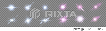 Pink and blue lens flares set. Sun flash with rays or spotlight and bokeh. Isolated on transparent background. Glow flare light effect. Vector illustration. Pink and blue lens flares set. Sun flash with rays or spotlight and bokeh. Isolated on transparent background. Glow flare light effect. Vector illustration. 123061847
