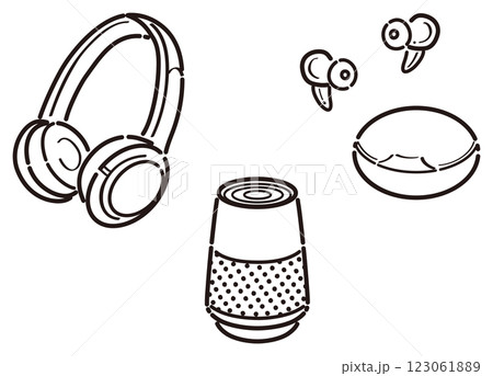ヘッドフォン・イヤフォン・スピーカーのイラスト　線画 123061889