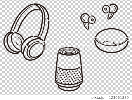 ヘッドフォン・イヤフォン・スピーカーのイラスト　線画 123061889