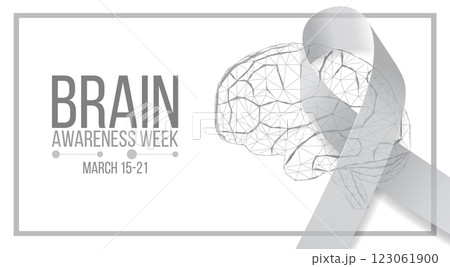 Brain awareness week concept. Banner template with low poly brain, grey ribbon and text. Vector illustration Brain awareness week concept. Banner template with low poly brain, grey ribbon and text. Vector illustration 123061900