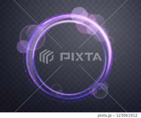 Glowing purple magic ring. Neon realistic energy flare halo ring. Abstract light effect on a dark transparent background. Vector illustration. Glowing purple magic ring. Neon realistic energy flare halo ring. Abstract light effect on a dark transparent background. Vector illustration. 123061912