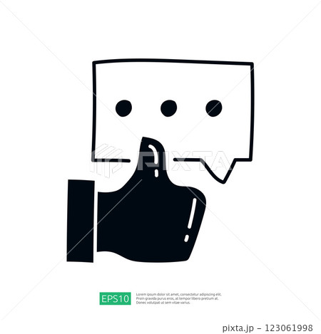 A hand giving a thumbs-up next to a speech bubble with three dots, symbolizing approval and communication. 123061998