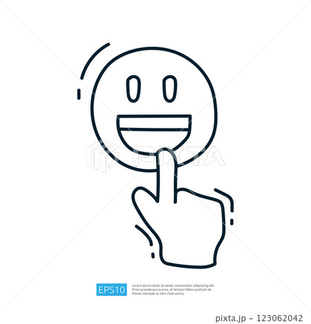A simple line drawing of a smiling face with a hand pointing to its mouth, suggesting a playful or secretive gesture. 123062042