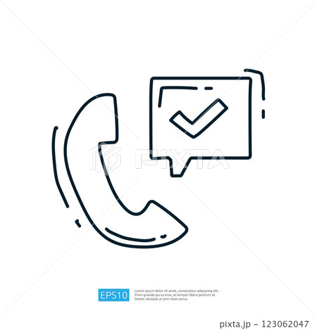 The image features a stylized telephone and a speech bubble with a checkmark, symbolizing communication and confirmation. 123062047