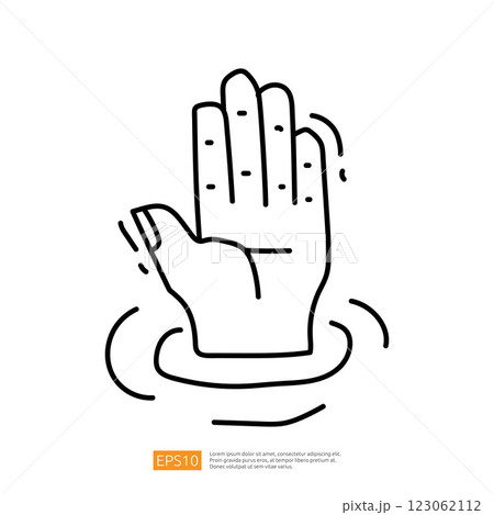 A minimalist illustration of an open hand above water, symbolizing a call for help or rescue. 123062112