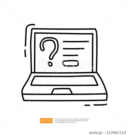 A simple line drawing of an open laptop with a question mark on the screen, suggesting inquiry or confusion related to technology or information. A simple line drawing of an open laptop with a question mark on the screen, suggesting inquiry or confusion related to technology or information. 123062119