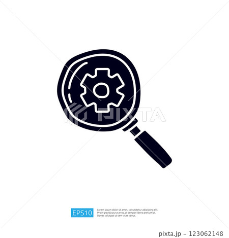 A magnifying glass with a gear icon inside, symbolizing analysis and technology. 123062148