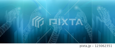 3D wireframe of robotic hand models on a modern digital background 123062351