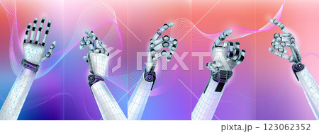 Abstract set of robotic hands with gesture options in virtual space Abstract set of robotic hands with gesture options in virtual space 123062352