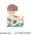 テーブルでパズルを楽しむ幼い男の子のシンプルでかわいいイラスト 123062400