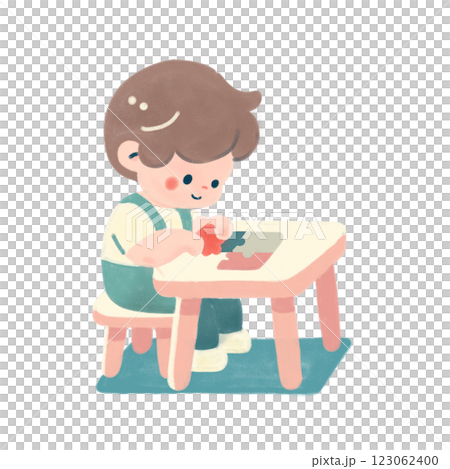 一個簡單可愛的小男孩在桌邊玩拼圖的插圖 一個簡單可愛的小男孩在桌邊玩拼圖的插圖 123062400
