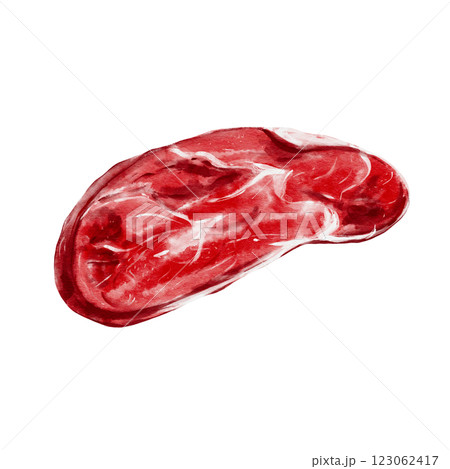 A piece of meat. Watercolor illustration without background. Red juicy fresh raw meat. Beef and lamb, horse meat. Steak for barbecue. Oval cut of meat. Food for men. Hunter's prey. Food for the dog.  A piece of meat. Watercolor illustration without background. Red juicy fresh raw meat. Beef and lamb, horse meat. Steak for barbecue. Oval cut of meat. Food for men. Hunter's prey. Food for the dog.  123062417