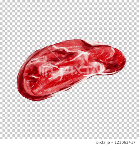 A piece of meat. Watercolor illustration without background. Red juicy fresh raw meat. Beef and lamb, horse meat. Steak for barbecue. Oval cut of meat. Food for men. Hunter's prey. Food for the dog.  A piece of meat. Watercolor illustration without background. Red juicy fresh raw meat. Beef and lamb, horse meat. Steak for barbecue. Oval cut of meat. Food for men. Hunter's prey. Food for the dog.  123062417