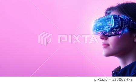 Virtual reality headset with augmented interface on woman face 123062478