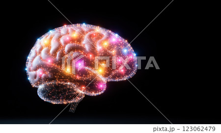 vibrant, cybernetic brain illuminated with colorful lights and connections 123062479