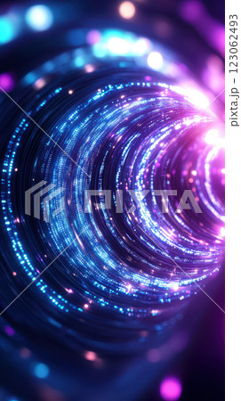 Vibrant abstract tunnel with glowing blue and purple lights swirling 123062493