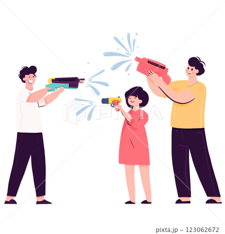 Fun water fight with colorful water guns during festive celebration. Friends enjoy splashing water, creating joyful atmosphere Fun water fight with colorful water guns during festive celebration. Friends enjoy splashing water, creating joyful atmosphere 123062672