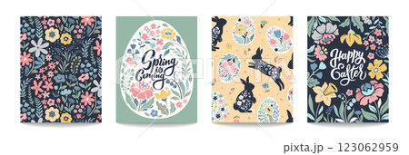 Vector set of Easter cards with floral patterns, rabbits, ornate eggs in beautiful pastel colors with hand lettering. Vector set of Easter cards with floral patterns, rabbits, ornate eggs in beautiful pastel colors with hand lettering. 123062959