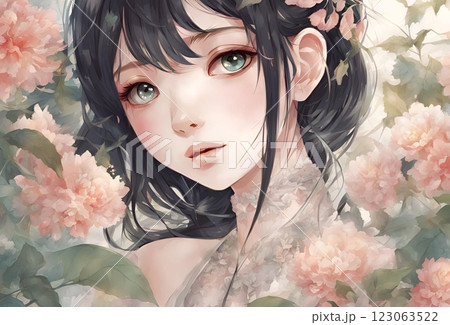 花に囲まれてこちらを見つめている黒髪の美しい女の子のイラスト 123063522