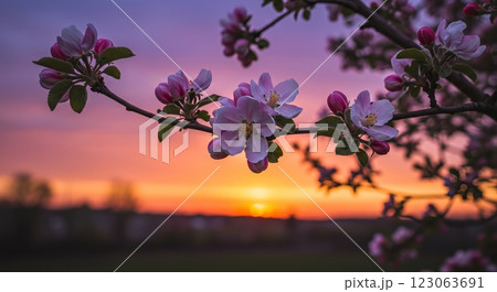 Blossoming apple tree branch at sunset: capturing the beauty of springtime Blossoming apple tree branch at sunset: capturing the beauty of springtime 123063691