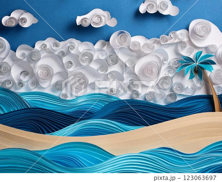 南国のビーチ ペーパークラフト風イラスト 南国のビーチ ペーパークラフト風イラスト 123063697