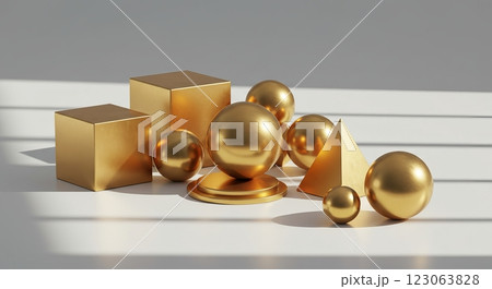 Elegant golden geometric shapes on minimalist background with shadow play Elegant golden geometric shapes on minimalist background with shadow play 123063828