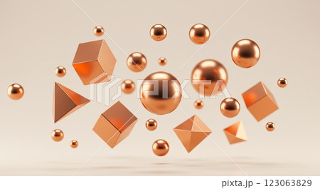 Floating metallic geometric shapes on neutral background for modern design concepts Floating metallic geometric shapes on neutral background for modern design concepts 123063829