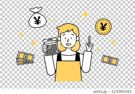 一位家庭主婦成功省錢並從事兼職工作的向量插圖兼職工作收入 一位家庭主婦成功省錢並從事兼職工作的向量插圖兼職工作收入 123064383