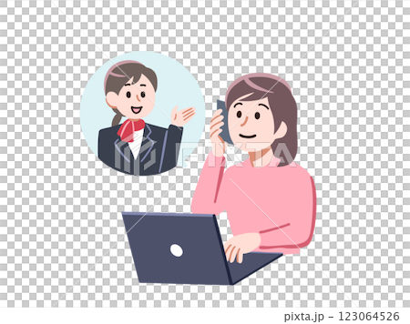 PCをしながらオペレーターに問い合わせる女 123064526