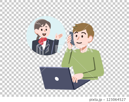 PCをしながらオペレーターに問い合わせる男性 123064527