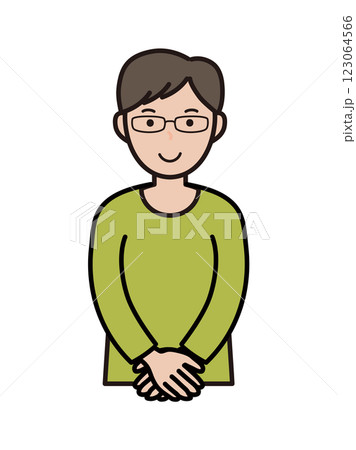 笑顔でおもてなしポーズのインテリ風の若い男性の上半身イラスト 123064566