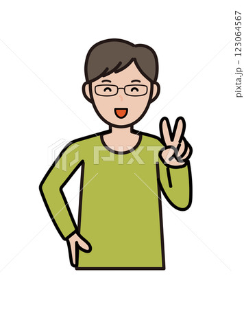 笑顔でピースをするインテリ風の若い男性の上半身イラスト 123064567