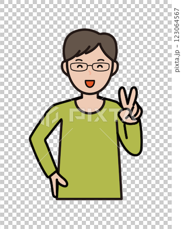 笑顔でピースをするインテリ風の若い男性の上半身イラスト 123064567