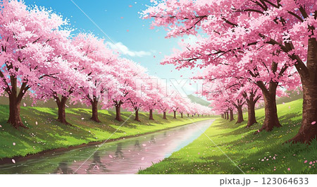 春の息吹を感じる！桜並木の風景画 123064633