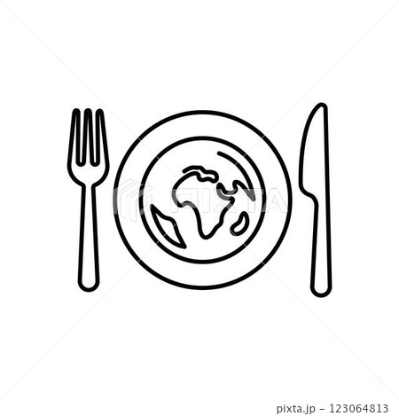 Food on earth icon, globe and fork with knife, concept world hunger, thin line symbol on white background - editable stroke vector illustration Food on earth icon, globe and fork with knife, concept world hunger, thin line symbol on white background - editable stroke vector illustration 123064813