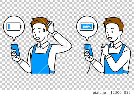 智慧型手機充電,穿圍裙的男人,佈景 智慧型手機充電,穿圍裙的男人,佈景 123064853