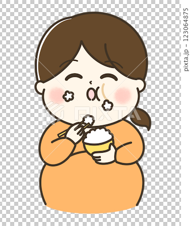 A cute illustration of the upper body of a fat woman eating rice deliciously A cute illustration of the upper body of a fat woman eating rice deliciously 123064875