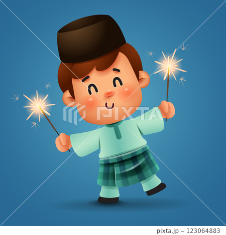 Ramadan Joy: Adorable Ramadan Lantern Boy with Firework 123064883