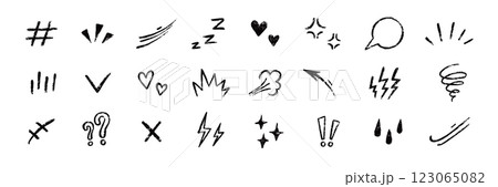Line movement comic element, cartoon emotion mark effect decoration icon. Hand drawn cute doodle line element arrow, emphasis, shock, sparkle. Anime movement, express shape. Vector illustration 123065082
