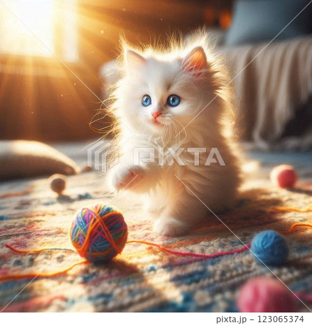 毛糸玉と遊ぶ白い子猫 123065374