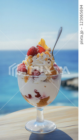 南国の海の見えるカフェのパフェ　AI画像 123065694