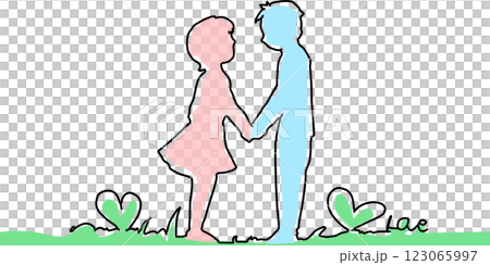 簡單手繪向量插圖，描繪一對年輕男女結婚 123065997