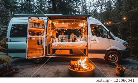 Couple relaxing in camper van enjoying bonfire and drinks 123066041