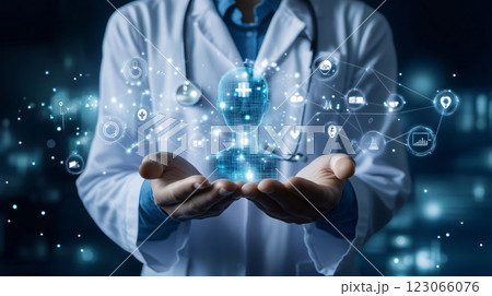 Doctor holding ai model for innovative healthcare solutions 123066076